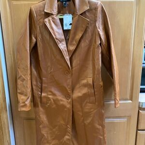 FOREVER 21 CAMEL BROWN FAUX LEATHER LONG JACKET COAT SMALL NWT